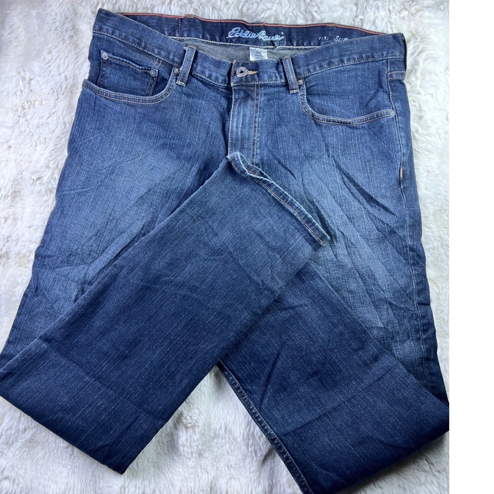 Eddie Bauer Mens Slim Fit Jeans 36x32 Dark Wash Denim Blue Pants. A26